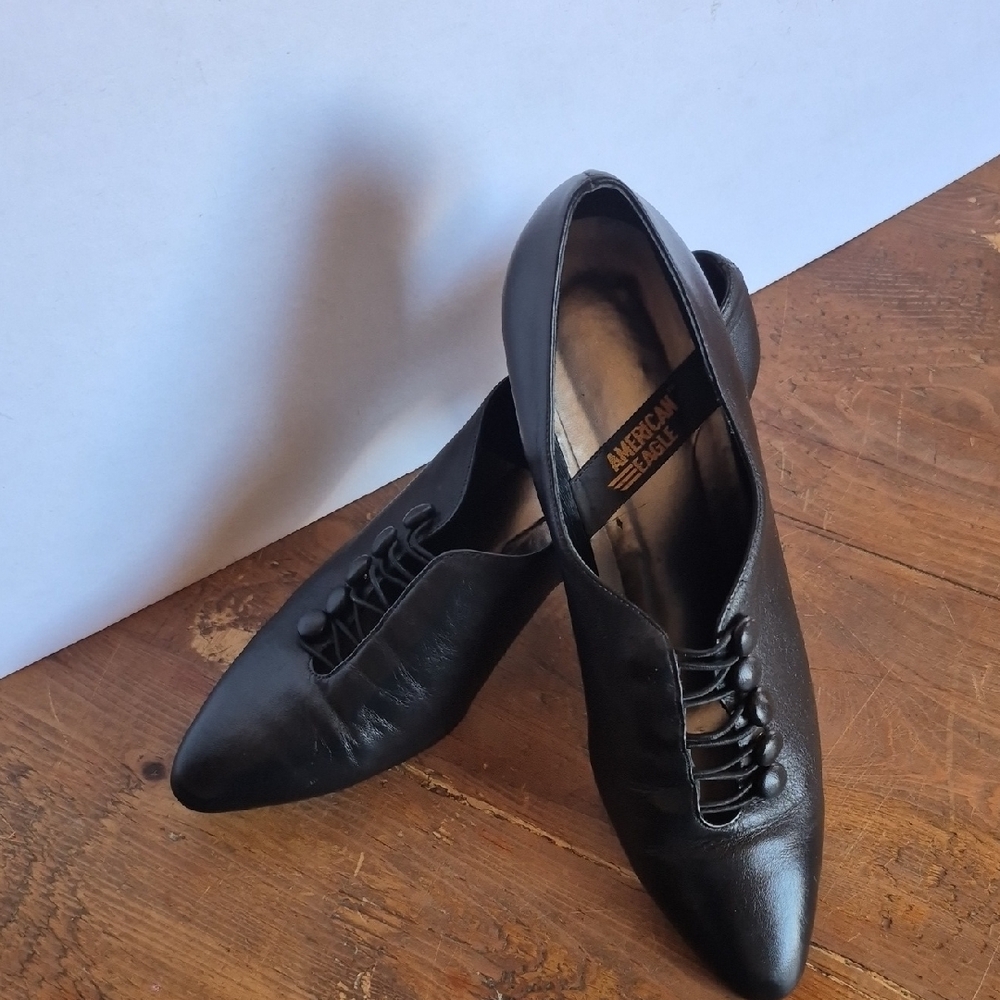 Vintage American Eagle Black Button Shoes, Pointed Toe Victorian Inspired Goth